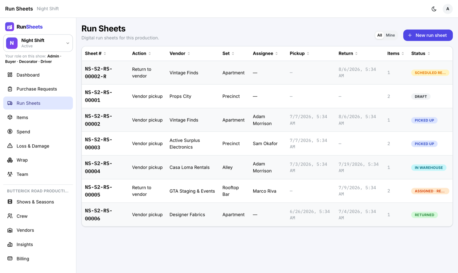 RunSheets web app — the production's run sheet board with live pickup, return, and custody statuses
